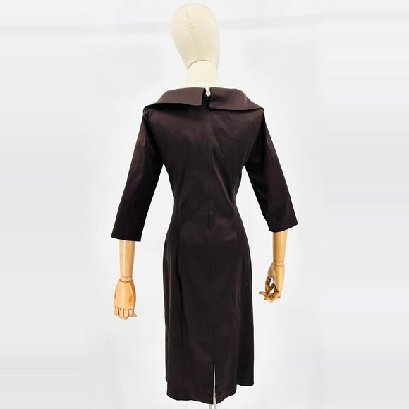 Vintage 90s Kay Unger Chocolate Brown Satin Portrait Collar Cocktail Dress - Picture 4 of 6